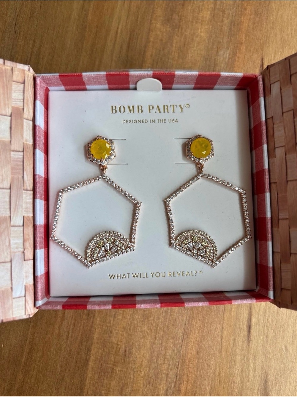 Bomb Party Gold Hexagon Drop Earrings with Yellow Gemstone